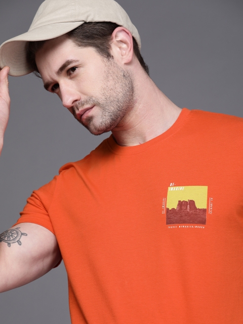 

WROGN Men Orange Printed Pure Cotton T-shirt