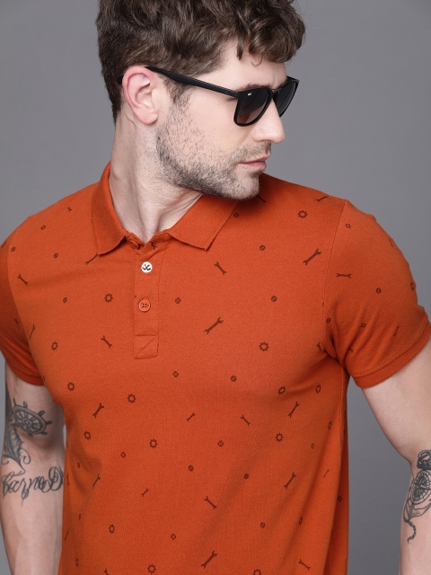 

WROGN Men Rust Orange Printed Polo Collar Slim Fit Pure Cotton T-shirt