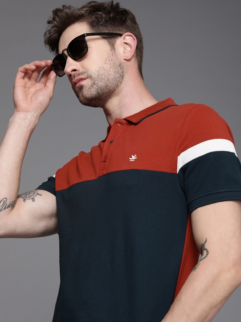 

WROGN Men Rust & Navy Blue Colourblocked Polo Collar Slim Fit T-shirt
