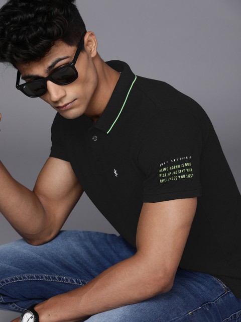 

WROGN Men Black & White Brand Logo Printed Polo Collar Slim Fit T-shirt