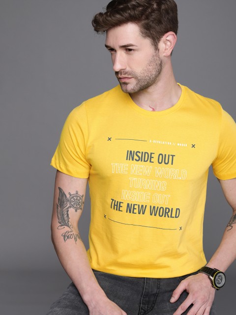 

WROGN Men Yellow Typography Printed Slim Fit Pure Cotton T-shirt