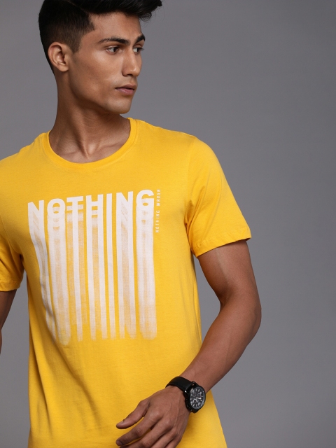

WROGN Men Yellow & White Typography Printed Round Neck Slim Fit Pure Cotton T-shirt