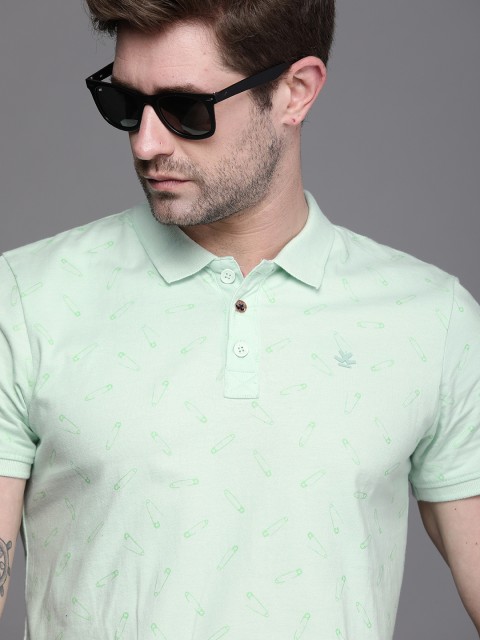 

WROGN Men Pale Green Printed Polo Collar Pure Cotton T-shirt