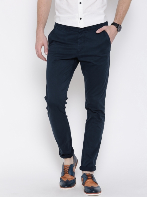 

Jack & Jones Men Navy Blue Solid Slim Fit Flat-Front Trousers