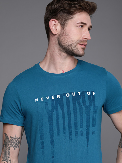 

WROGN Men Blue Typography Printed Slim Fit Round Neck Pure Cotton T-shirt