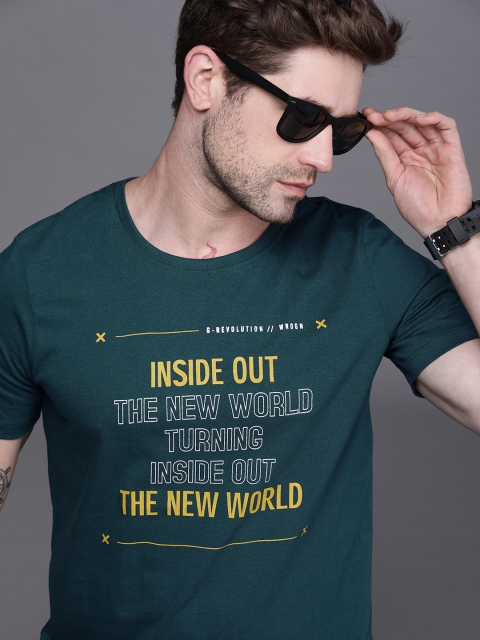 

WROGN Men Teal Green Typography Printed Slim Fit Pure Cotton T-shirt