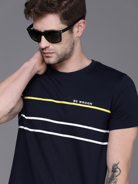 

WROGN Men Navy Blue & White Striped Slim Fit T-shirt