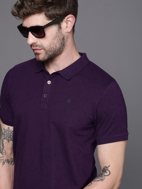 

WROGN Men Purple Quirky Printed Polo Collar Slim Fit Pure Cotton Casual T-shirt