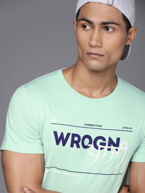 

WROGN Men Sea Green & Blue Brand Logo Printed Applique Round Neck Slim Fit T-shirt