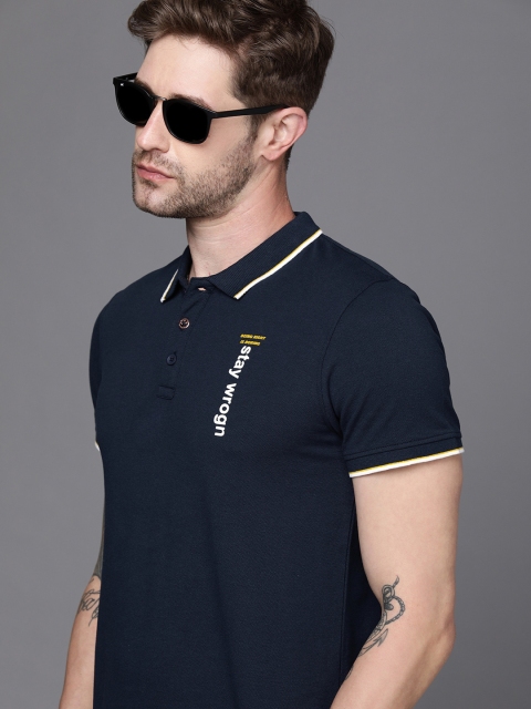 

WROGN Men Navy Blue Polo Collared Typographic Printed Opaque T-shirt