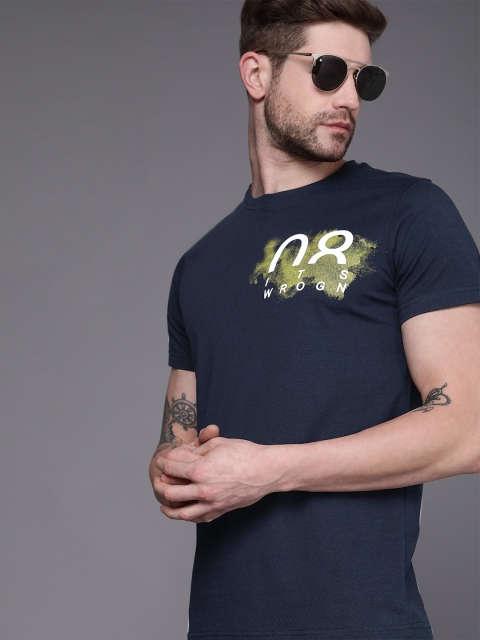

WROGN Men Navy Blue & White Brand Logo Print Round Neck T-shirt