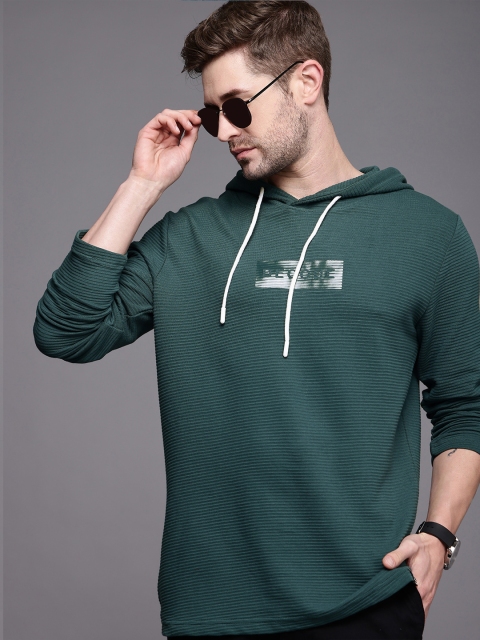 

WROGN Men Teal Green Self Striped Hooded Slim Fit T-shirt