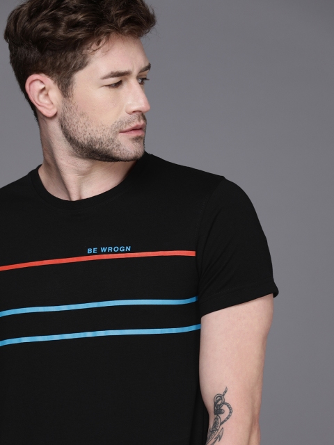 

WROGN Men Black & Blue Striped Slim Fit T-shirt