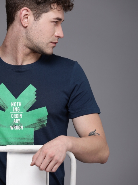 

WROGN Men Navy Blue Green Typography Printed Slim Fit Pure Cotton T-shirt