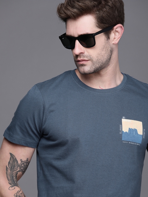 

WROGN Men Blue Slim Fit Pure Cotton T-shirt with Print Detailing