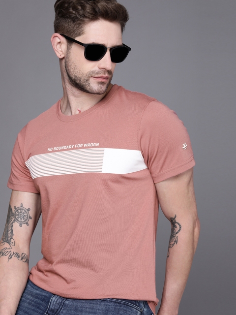 

WROGN Men Coral Pink Striped Slim Fit T-shirt