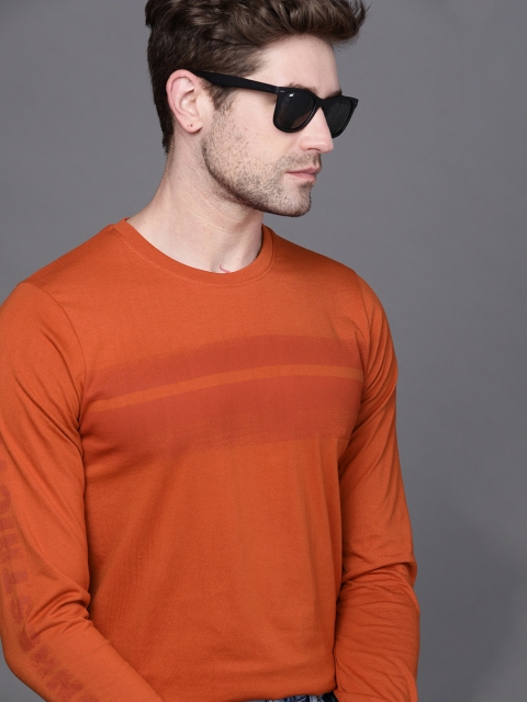 

WROGN Men Orange Round Neck Colourblocked Pure Cotton T-shirt
