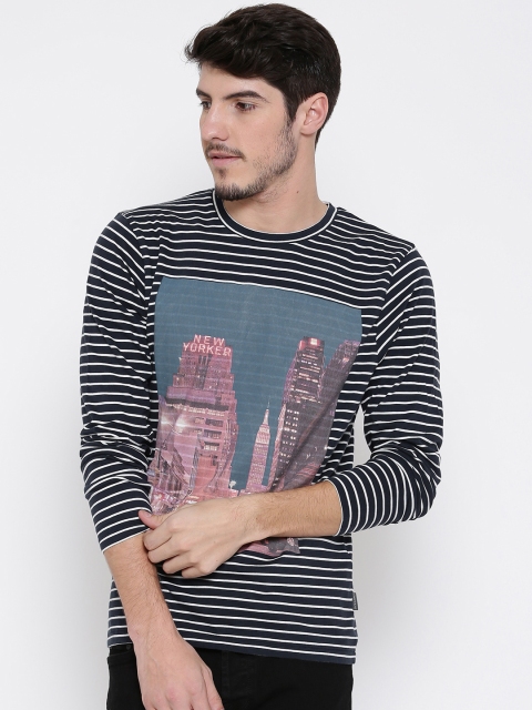 

Jack & Jones Men Navy Blue Striped Round Neck T-shirt