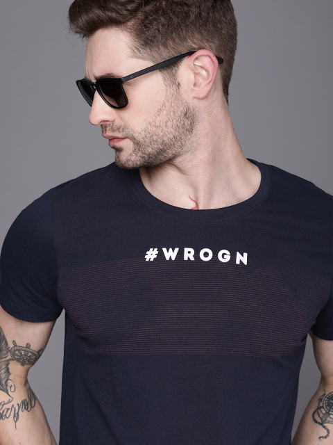 

WROGN Men Navy Blue Brand Logo Printed Slim Fit Pure Cotton T-shirt