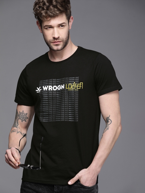 

WROGN Men Black Brand Logo Printed Pure Cotton T-shirt
