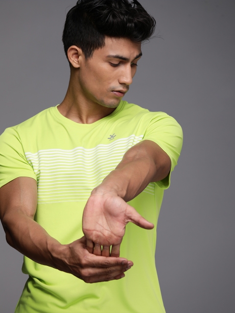 

WROGN ACTIVE Men Lime Green & White Striped Slim Fit T-shirt