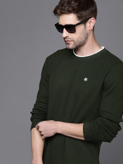 

WROGN Men Olive Green Self Designed Slim Fit Pure Cotton Logo T-shirt
