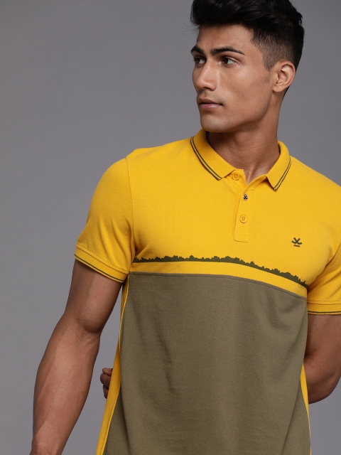 

WROGN Men Yellow & Brown Colourblocked Polo Collar Pure Cotton Slim Fit T-shirt