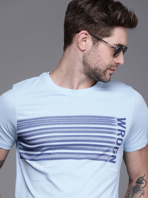 

WROGN Men Blue Typography Printed Pure Cotton T-shirt