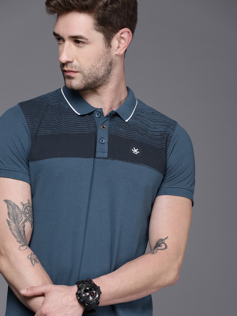 

WROGN Men Teal Blue Striped Polo Collar Slim Fit T-shirt