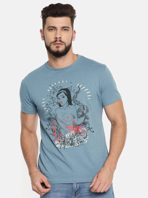 

Jack & Jones Men Blue Printed Round Neck T-shirt