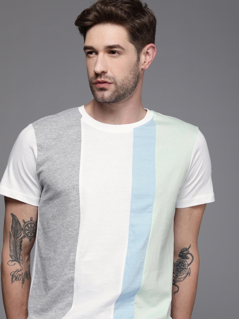 

WROGN Men White & Grey Striped Slim Fit T-shirt