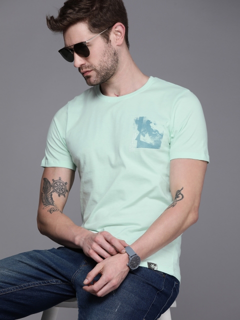 

WROGN Men Blue Printed Pure Cotton T-shirt