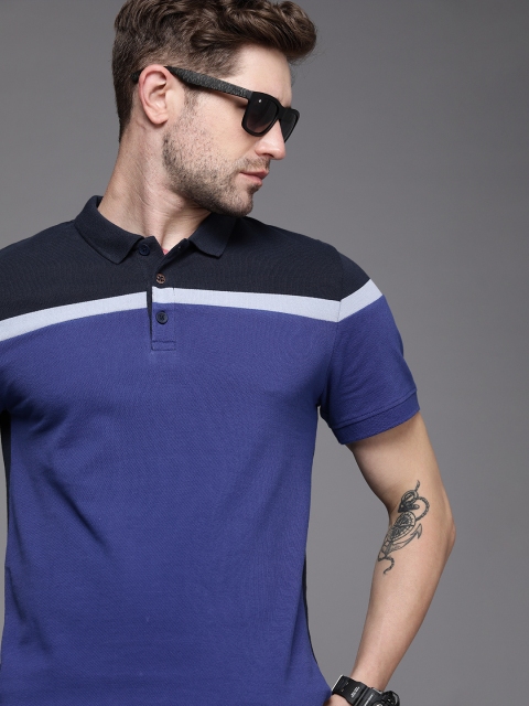 

WROGN Men Blue Colourblocked Polo Collar Slim Fit Pure Cotton Casual T-shirt