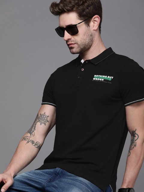 

WROGN Men Black Polo Collar Slim Fit T-shirt With Printed Detailing