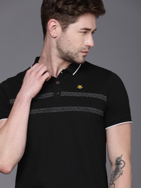 

WROGN Men Black Typography Printed Polo Collar Slim Fit T-shirt