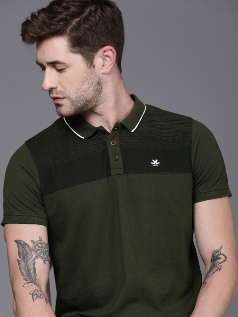 

WROGN Men Olive Green Striped Polo Collar Slim Fit T-shirt