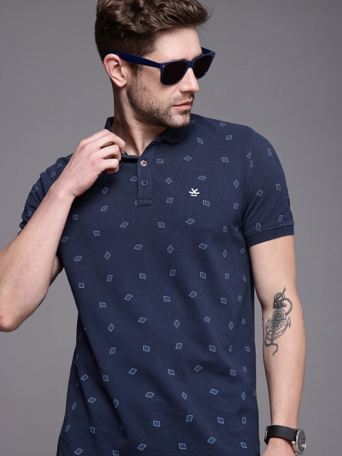 

WROGN Men Navy Blue Printed Polo Collar Slim Fit T-shirt