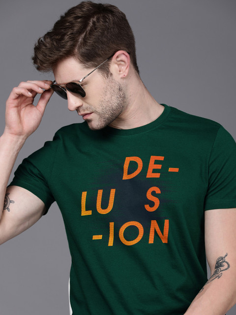 

WROGN Men Dark Green Typography Printed Slim Fit Pure Cotton T-shirt