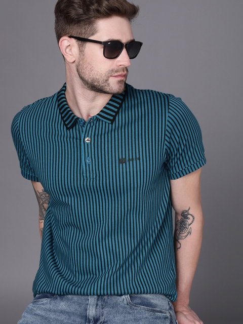 

WROGN Men Blue Black Striped Polo Collar Slim Fit Pure Cotton T-shirt