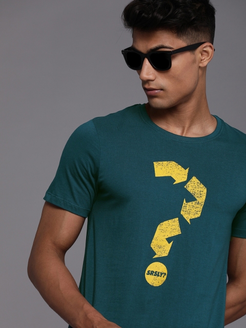 

WROGN Men Green & Yellow Printed Pure Cotton Round Neck Slim Fit T-shirt