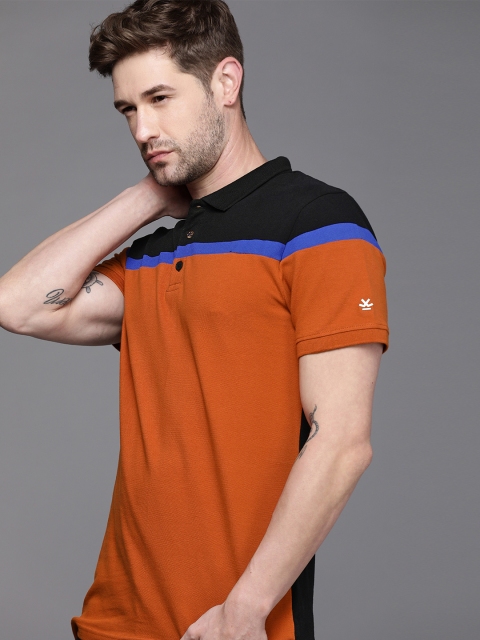 

WROGN Men Rust & Blue Colourblocked Polo Collar Slim Fit T-shirt