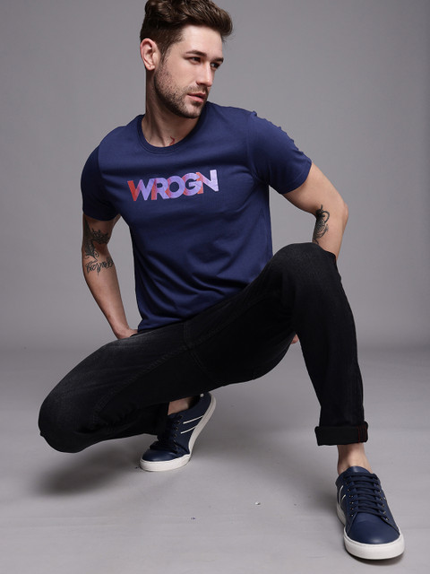 

WROGN Men Navy Blue Brand Logo Printed Slim Fit T-shirt