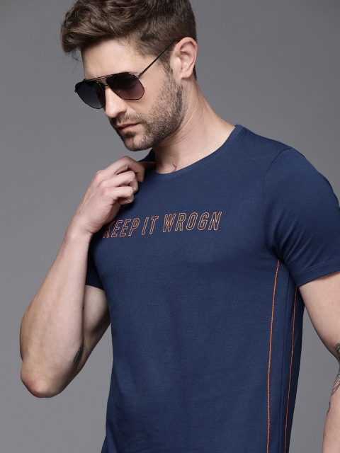 

WROGN Men Navy Blue Brand Logo Printed Slim Fit Round Neck Pure Cotton T-shirt