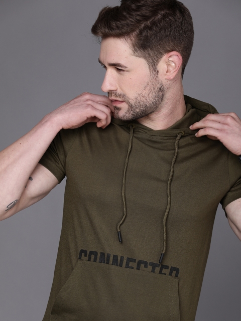 

WROGN Men Olive Green & Black Hooded T-shirt with Printed Detail