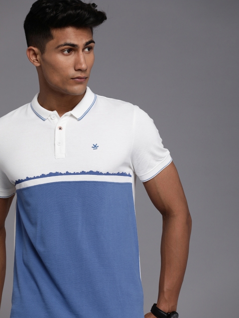 

WROGN Men White & Blue Colourblocked Polo Collar Pure Cotton Slim Fit T-shirt