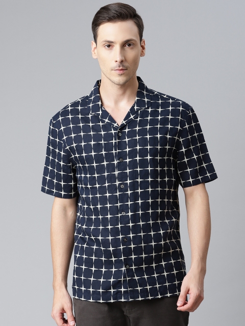 

Marks & Spencer Men Navy Blue & White Checked Cuban Collar Casual Shirt