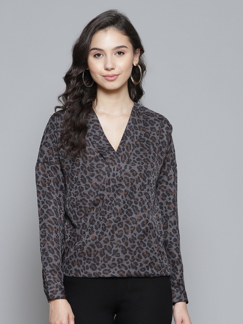 

Femella Charcoal Grey & Black Leopard Print Wrap Top