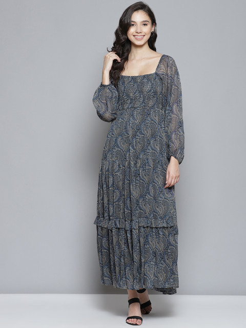 

Femella Navy Blue & Grey Printed Smocked Tiered Maxi Dress