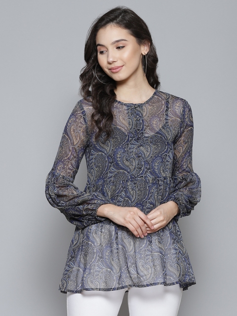 

Femella Blue & Black Ethnic Motifs Print Gathered Puff Sleeves A-Line Top