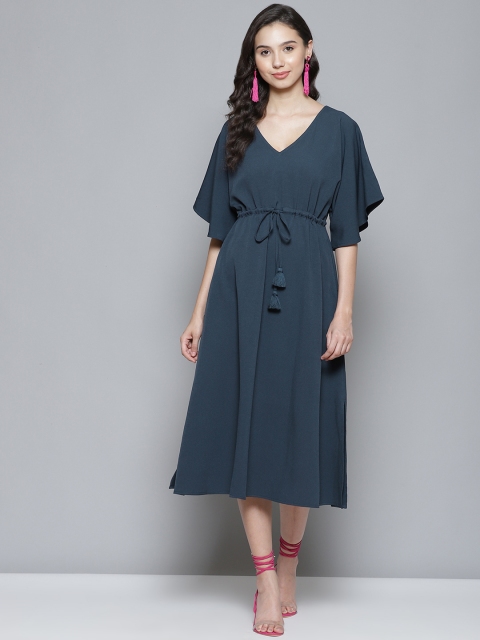 

Femella Navy Blue Solid Midi A-Line Dress with Belt